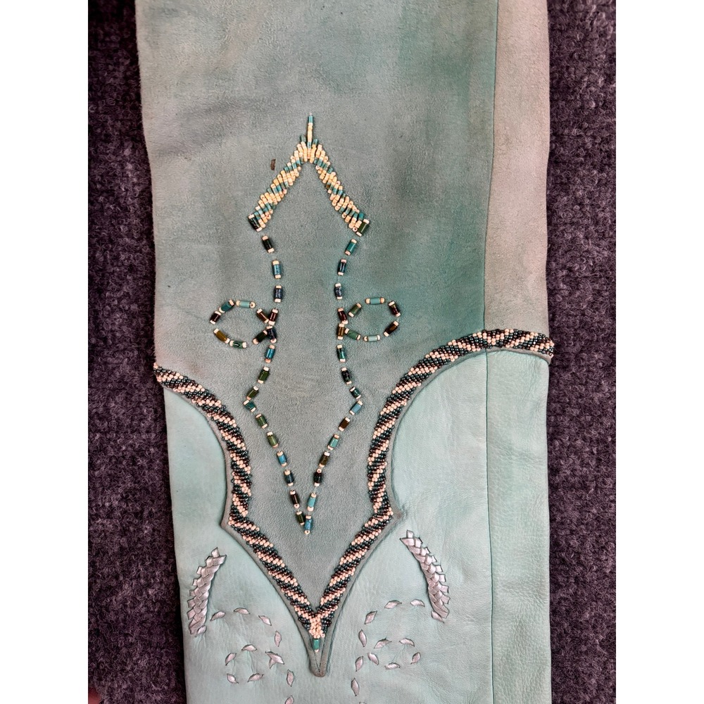 Vintage Western Suede Leather Pants Beaded Lace Up Turquoise OOAK Couture Rare - Picture 15 of 16